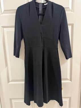 L.K. Bennett London Black Fit Flare Dress US 4 V Neck 3/4 Sleeve Career Midi